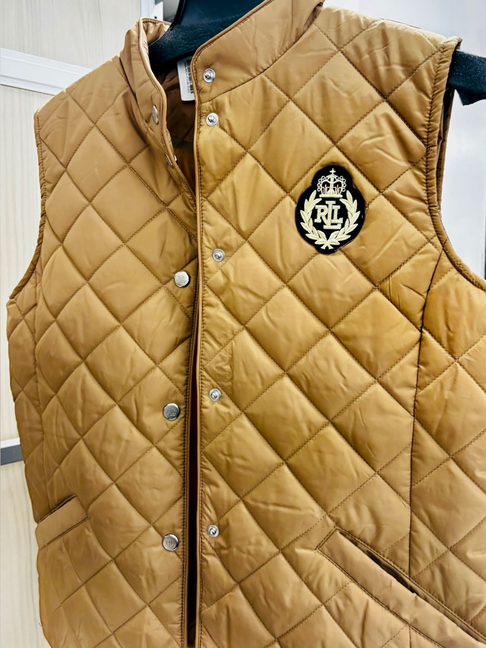 Ralph Lauren Quilted Camel Vest with Crest Patch
